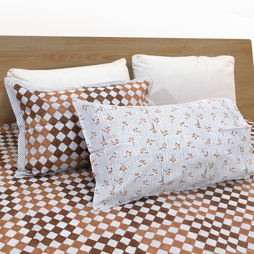 Image of TOAI Hand Block Printed Bedsheet | Bed Spread Flatsheet Bed Sheet | 210 TC Long Luxury Cotton | King Size 108 inchx108 inch |2 Reversible Pillow Covers (Brown Checks Blue Lines)