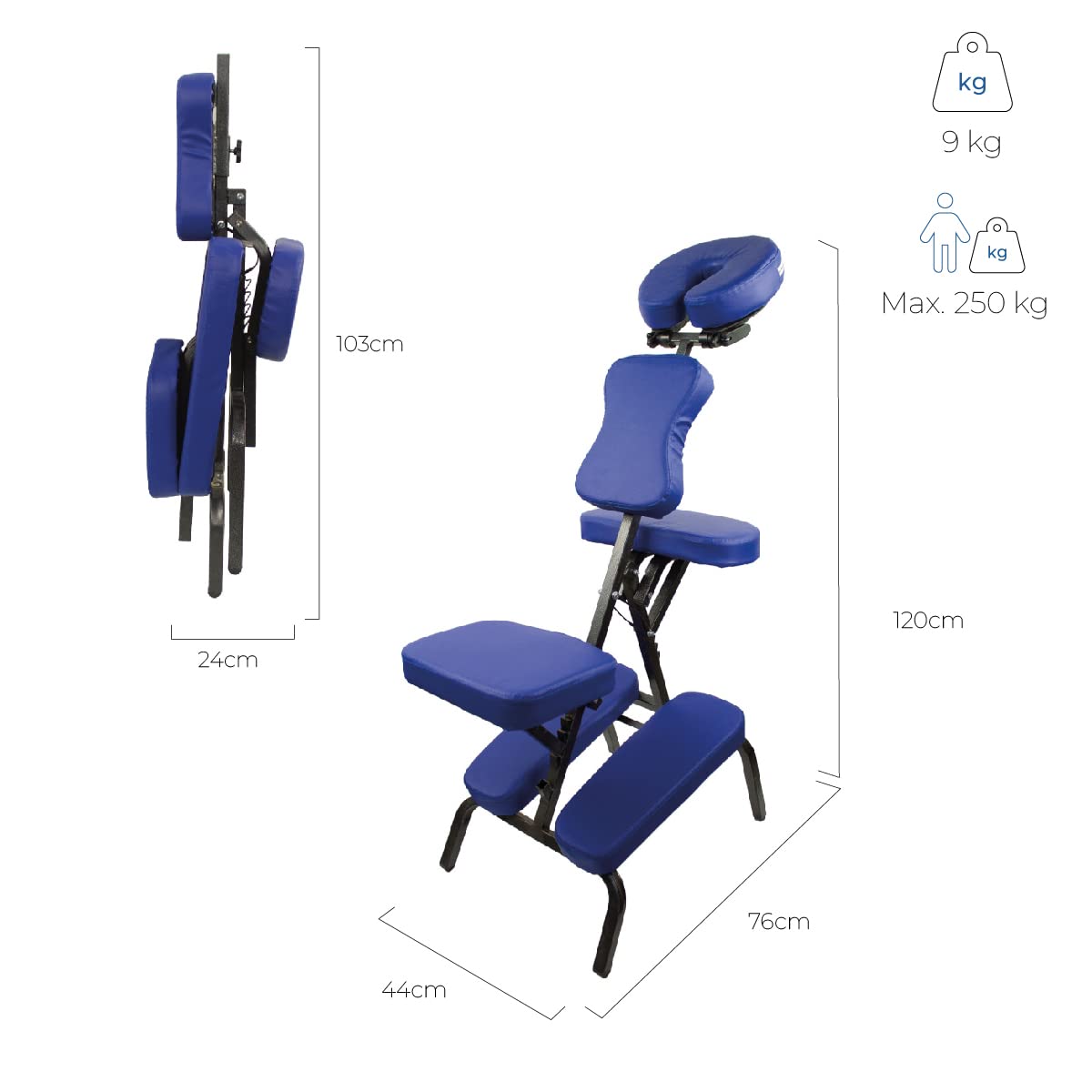 Mobiclinic, Silla de Masaje, Plegable, Regulable, Incluye Bolsa Transporte, Soporta hasta 250kg, Múltiples usos, Tatuaje, Fisioterapia, O estética, con reposacabezas, Portátil, Azul