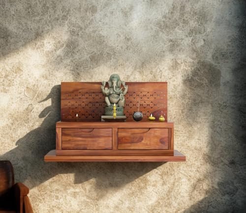 Image of MISAN Wooden Wall Mounted Temple, Traditional Indian Style, Sheesham Wood,Sheesham Wood Pooja Mandir for Home (A-Hony)