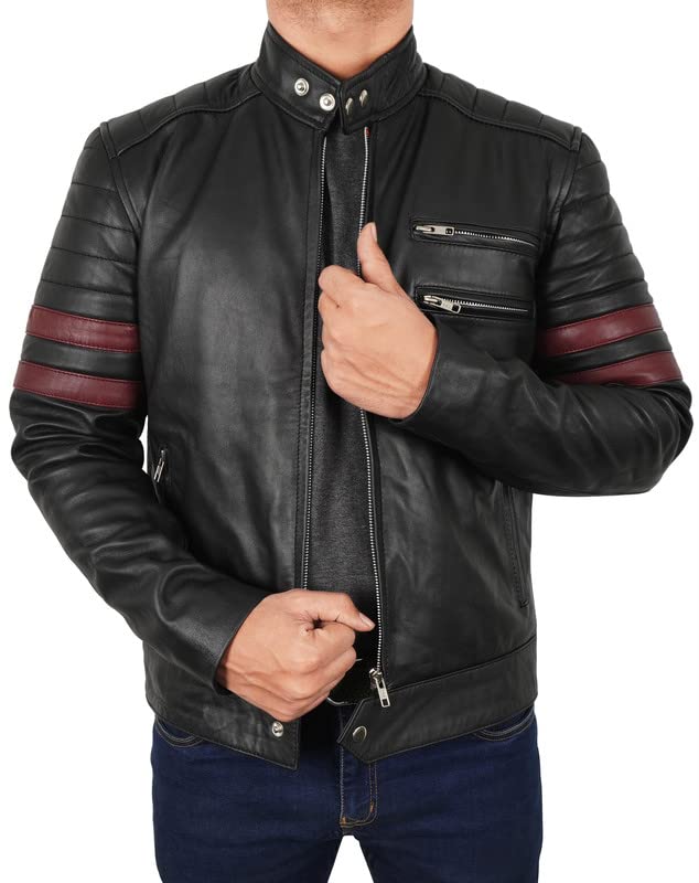 Mens Vintage Motorcycle Red Stripes Mayhem Black Biker Leather Jacket3