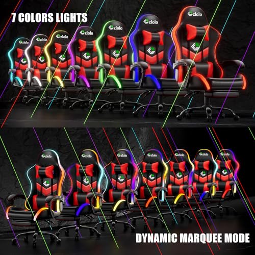 Image of Czlolo Gaming Chair, RGB LED Lights Computer Chair with Footrest, Lumbar Support Massager Gamer Chair, High Back, 90-135 Reclining, Linkage Armrests, Crimson