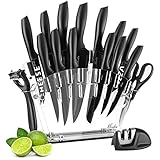 MOOKA Knife Set, 17 Pieces Kitchen Knife Set with Acrylic Stand, 13 Black Non-Stick Coating Stainless Steel Knives, Chef Knife, 6 Steak Knives, Scissors, Peeler and Knife Sharpener