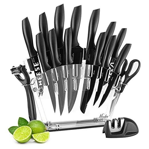 MOOKA Knife Set, 17 Pieces Kitchen Knife Set with Acrylic Stand, 13 Black Non-Stick Coating Stainless Steel Knives, Chef Knife, 6 Steak Knives, Scissors, Peeler and Knife Sharpener