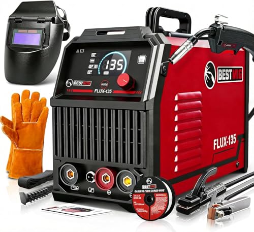 BESTMIG 135A MIG Welder - 3-in-1 Flux Core Welder, MIG/Lift TIG/Stick Welding Machine - Portable IGBT Inverter - 110V with Welder Helmet and Gloves (Red Black, MIG 135A Welder)