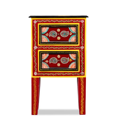 Image of Wooden Bedside Table for Bedroom with Drawer | Solid Wood Handcrafted Bed Side Table | Antique Side Table for Home Decor | Decorative Chest of Drawer for Living Room (Red)