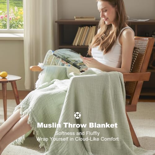 Image of EMME Muslin Throw Blanket with Tassels, 100% Cotton Gauze, Green, 50 inchx60 inch | Soft Breathable Gauze Throw, Lightweight, Cozy for Adults Couch Sofa Bed, Gifts for Women Mom, Boho Home Decor, All Season