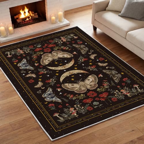 Artoid Mode Black Poppy Moth Mushroom Moon Area Rug, Fall Home Decor Low-Profile Washable Large Rug for Living Room Bedroom Farmhouse Dining Room Kids Playroom 5x7 Feet