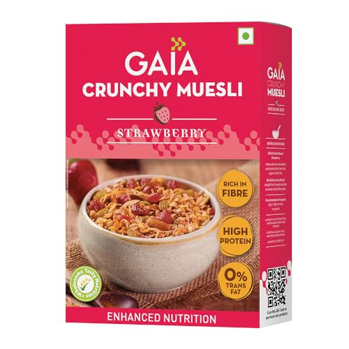 Image of Gaia Crunchy Muesli- Strawberry. Power-packed low calorie healthy breakfast, High Fiber,Source of Iron,No Trans Fat,No Cholesterol,Nutritious breakfast choice |400 gm