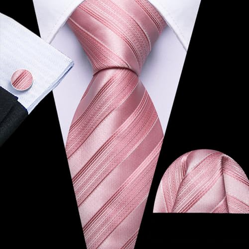 Image of Barry.Wang Tie Sets for Men Silk Stripe Necktie Woven Checkered Handkerchief Cufflinks Formal Business Wedding