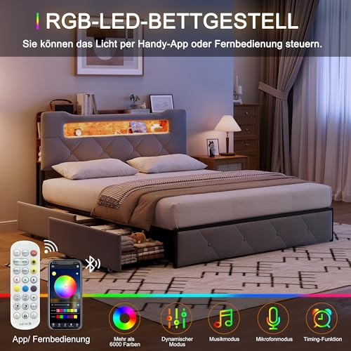 Polsterbett Doppelbett 140x200cm mit Stauraum, Stauraumbett mit 4 Schubladen, Jugendbett mit LED und USB, Schlafzimmer Bett, Gepolstertes Bettgestell mit Lattenrost, Samt (Grau, 140x200cm) – Bild 4