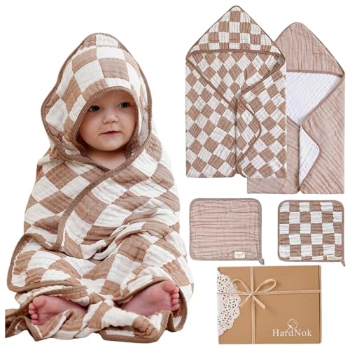 Image of HardNok 4-Pc Ultra-Soft Muslin Baby Towel Set - Bath & Beach, (Coffee Checkered, 32“x32)