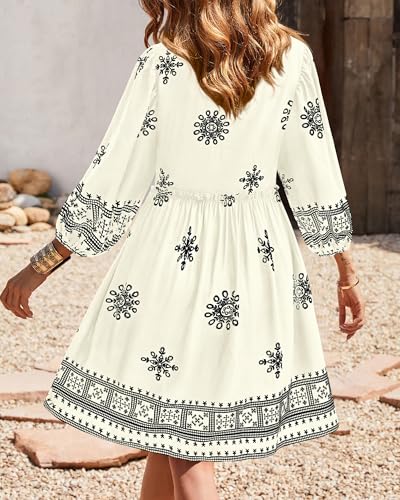 Image of BTFBM Women Casual Spring Summer Dresses V Neck 3 /4 Long Sleeve Ruffle Floral Flowy Boho Babydoll Mini Short Beach Dress