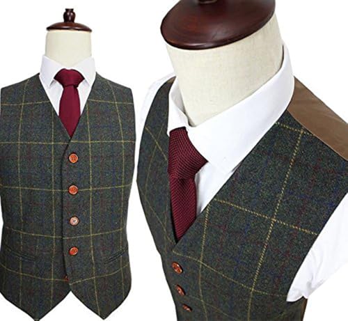 Men's Tweed Plaid Suit Three Pieces Tuxedo Single Breasted Button Checked Jacket & Vest & Pants4