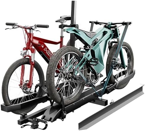 EBike Rack with Ramp for Tow Hitch with 300lbs Load Capacity, Car Bike Rack for Electric Mopeds, Fat Tire Mountain Bicycles, E Bike Carrier Raks for 2 Bikes, Fits SUV, Truck, RV, Van