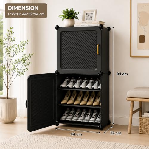 Image of LUVHOMEE Plastic Shoe Rack for Home with Door, 2-Door Shoe Storage Cabinet | 6-Shelfs for 12 Pairs | Waterproof & Portable DIY Shoe Slipper & Chappal Stand for Entryway /Bedroom -HS1-6
