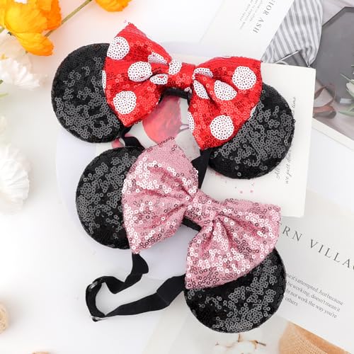 Image of DRESHOW Minnie Ears Headbands Mouse Ears Sequin Bow Headbands Elastic Adjustable Headband Glitter Party Decoration Cosplay Costume for Women