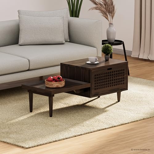Image of KOVA Solid Sheesham Wood Coffee Table & Centre Table for Living Room with Lift-Down Shutter Storage and Open Side Tray (Dotted, Walnut Finish)
