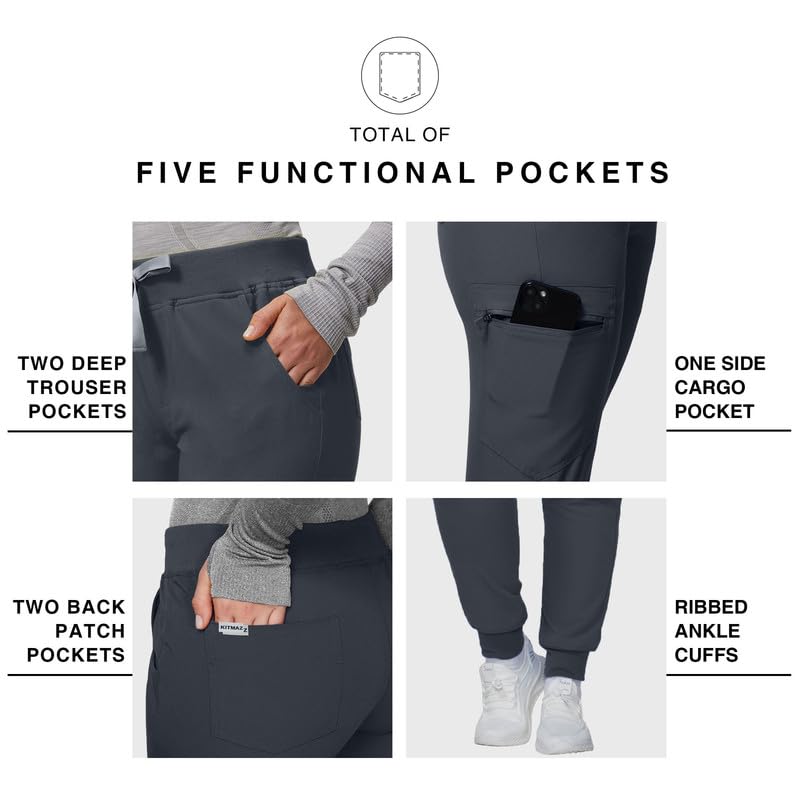 Image of Kitmaz Scrub Pants for Women - Mid Rise 4-Way Stretch Anti-Wrinkle Slim Fit Jogger Pants, Drawstring & 5 Pockets