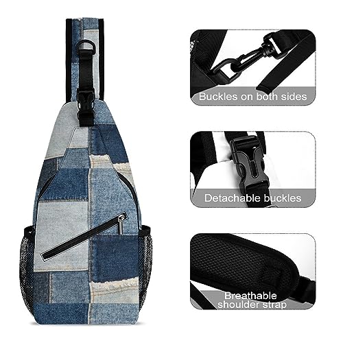 MoBlinko Retro Blue Jeans Printed Sling Bag for Women Patchwork Adjustable Crossbody Sling Backpack Chest Bag for Travel3