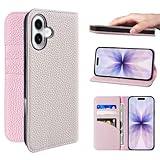 NanHou For iPhone 17 ケース 本革 手帳型 カバー 耐衝撃 保護 カバー 本革 内蔵マグネッ RFIDト 財布型 携帯カバー カードポケット スタンド機能 に適した アイフォン 17 - グレー/ピンク