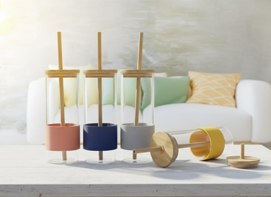 Image of Glass Tumbler with lid and Straw, Glass Bottle with Unique Wooden Straws, Bamboo Lid, Glass Tumblers, Smoothie, Jars, (400ml)
