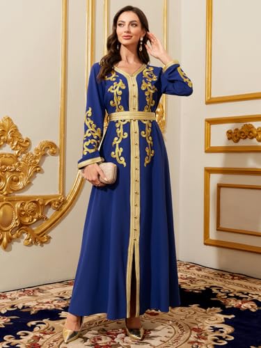 Image of Middle Eastern Modest Maxi Dress - Muslim Moroccan Kaftan Abaya for Women Gold Embroidered Eid Dress Islamic Traditional Wear