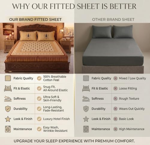 Image of VAS COLLECTIONS 240 TC Cotton King Size Fitted Bedsheet, Premium Soft Breathable Stretchable Mattress Sheet, Skin Friendly Durable Printed Bed Cover for Double Bed, 72 x 78 + 10 Inches - Honey Beige