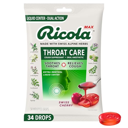 Ricola Max Swiss Cherry Throat Care Large Bag | Cough Suppressant Drops | Dual Action Liquid Center | Soothing Long-Lasting Relief - 34 Count (Pack of 1)