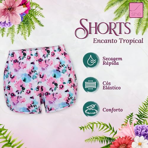 SHE BY MASH Short Praia Feminino Soltinho Flora Secagem Rápida, Rosa Claro, GG