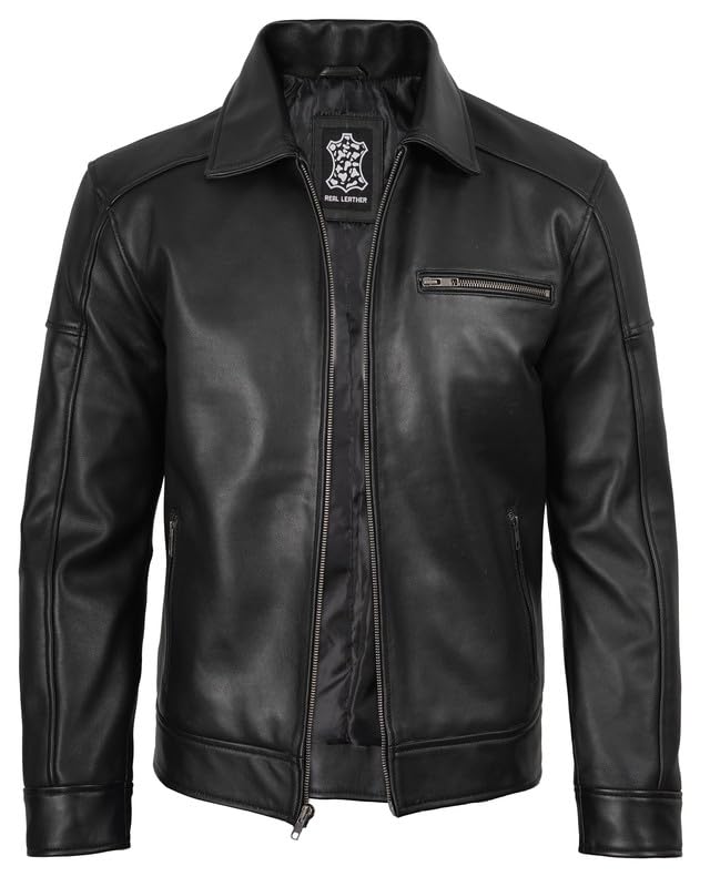 Image of Blingsoul Vintage Real Lambskin Leather Jacket For Mens - Moto Style Classic Shirt Collar Leather Jacket Men