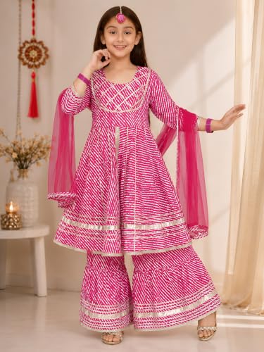Image of Preneum Girl's Cotton Rayon Bandhani & Lahariya Printed Angrakha Kurta with Sharara & Dupatta