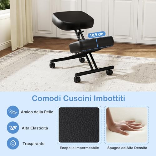 Miniatura 7 de Giantex Silla De Rodillas Ergonómica Para Corrección Postural, Taburete Acolchado Con Altura Ajustable Y 4 Ruedas Bloqueables, Silla De Escritorio Para Oficina, Estudio