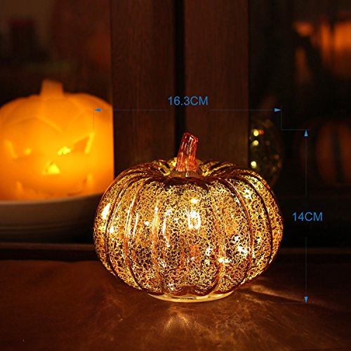 Image of Romingo Mercury Glass Pumpkin Light with Timer for Halloween Pumpkin Decorations Fall and Thanksgiving Christmas Decor,Gold, 5.5 inches