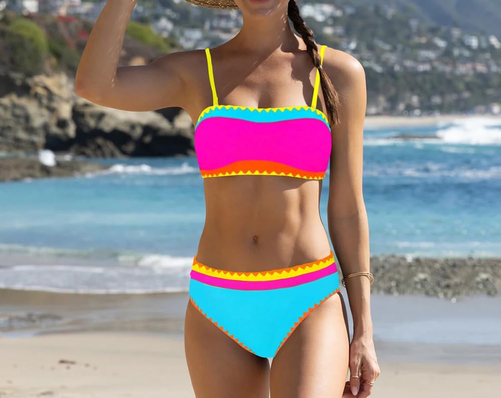Sexybody Women's Bandeau Bikini Strapless Bikini Neon Color Block Two Piece Whip Stitch Trim Bathing Suits - Image 4