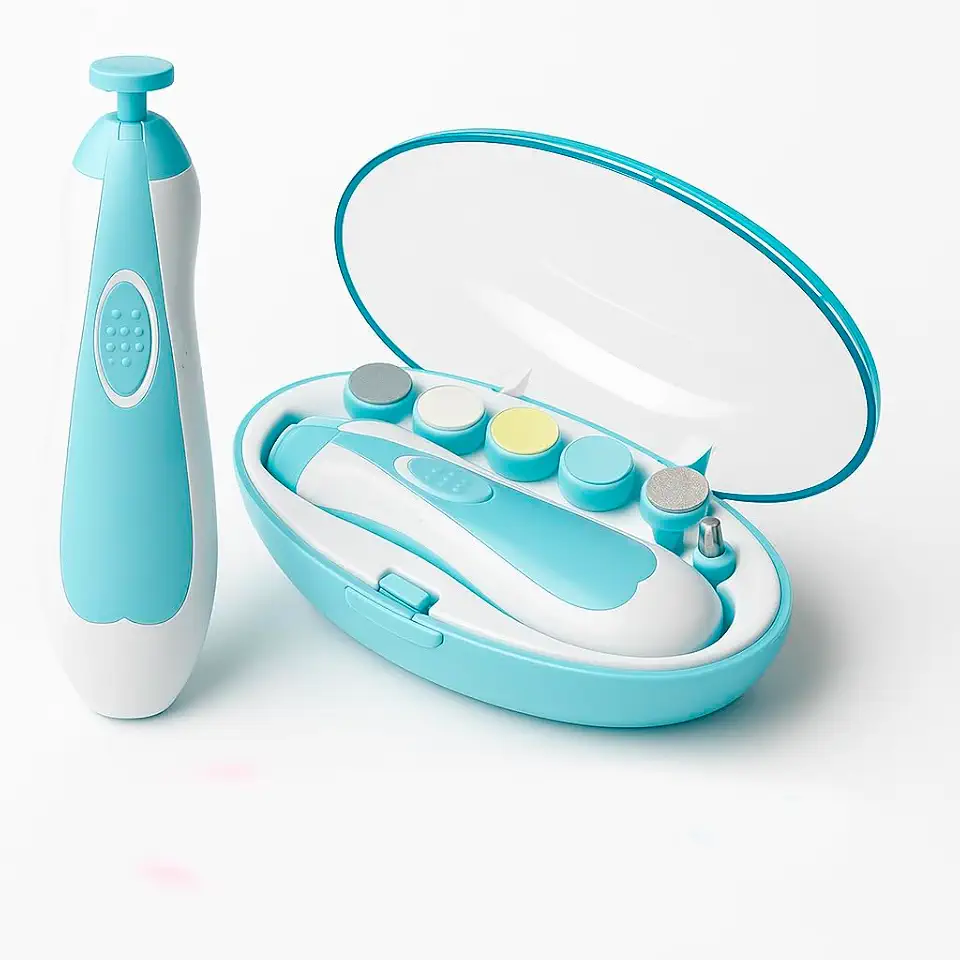 Kit Manicure Elétrico Bebê com Estojo – Cortador de Unhas Seguro e Silencioso com 6 Lixas (Azul Turquesa)