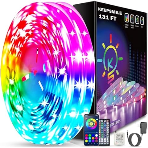 Keepsmile 131ft Led Strip Lights (2 Rolls of 65.5ft) Bluetooth Smart App Control RGB Led Light Strip with Remote,Music Sync Color Changing Led Lights for Bedroom Room Home Party Decor Cover