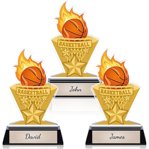 Gerrii Acrylic Trophies Awards with DIY Name Stickers Pack of 3 Champion Trophy Medals Team Reward Gift for Basketball Softball Baseball Competition Contest Tournament 5.8/6.14/6.38inch(Basketball)