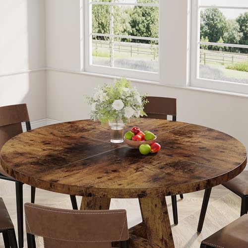 Image of Tribesigns 47 inch Round Dining Table Wood Kitchen Table for Dining Room, 47 inch Dinner Room Tables for 4-6, Farmhouse Accent Furniture with Wooden Tabletop and Cross Base, Vintage