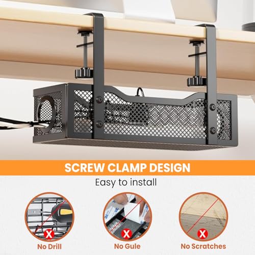 Image of Under Desk Cable Management Tray | Metal Mesh Cable Organizer with Clamp Mount | No Drill Wire Holder for Power Strip, Cord & Extension Board | Adjustable Desk Tray for Home & Office-Black