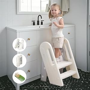 Toddler Step Stool for Bathroom Sink Kids Foldable Toilet Potty Training Stool Adjustable 3 to 2 Stool with Handrail Baby Kitchen Stool Children Step Ladder with Non Slip Pads Grey