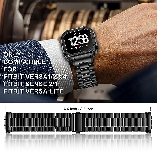 HASLFM Stainless Steel Watch Bands with Case Compatible for Fitbit Versa 4/Versa 3/Versa 2/Versa 1/Fitbit Versa Lite/Fitbit Sense 2/Sense 1,Rugged Metal Strap for Men with Protector Case Bumper Cover