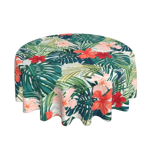 Summer Tropical Tablecloth Round 70 Inch Green Hawaiian Palm Leaf Table Cloth Polyester Fabric Floral Summer Table Cover Outdoor Decorative for Kitchen Holiday Party Dining Picnic
