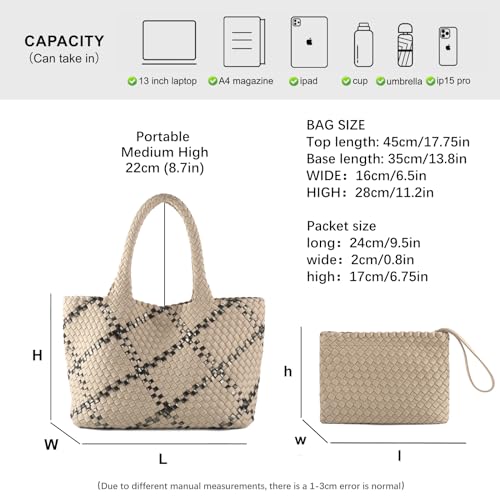 Image of Woven Bag for Women, Large Neoprene Tote Bag Summer Beach Handbag Purse Retro Handmade Travel Shoulder Bag Set
