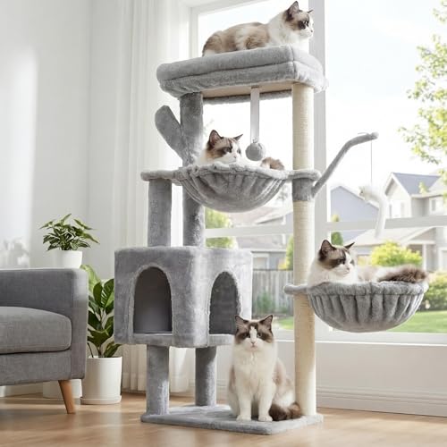Heybly Arbol Rascador para Gatos, Arbol Gato de 100 cm de Altura con Plataforma Grande, Cueva, 2 Hamacas, Juguetes y Árbol para Trepar con Rascador, Gris Claro HCT006SW