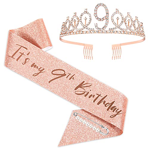SZHUIHER Écharpe et diadème pour 9e anniversaire pour filles, couronne d'anniversaire en or rose 9 et fabuleuse écharpe et diadème pour filles, cadeaux de 9e anniversaire pour fête d'anniversaire Cover
