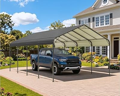 Greesum 12x20FT Metal Carport with Heavy Duty Frame and Galvanized Steel Roof, Round Carports with Side Support Rods, Canopy Shelter for Car, Pickup Trucks, Boats and Tractors, Party, Gray