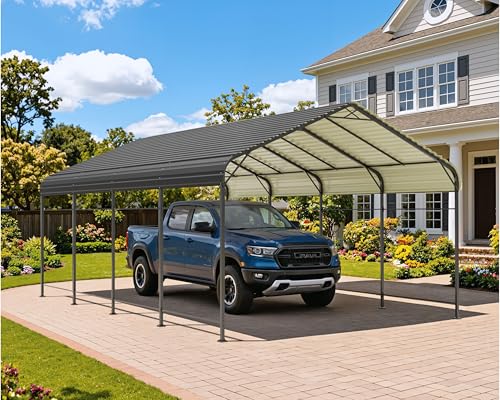 Image of Greesum 12x20FT Metal Round Carport with Side Support Rods, Deep Gray
