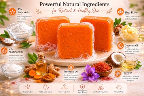Image of Kojic Acid & Niacinamide Soap Bar for Tan Removal, Skin Brightening & Deep Cleansing | Enriched with Coconut Oil & Saffron | Helps Reduce Dark Spots, Pigmentation & Uneven Skin Tone | For Men & Women | 300 g