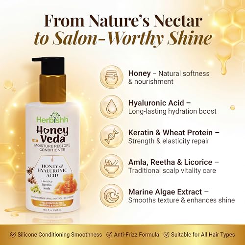 Image of Herbishh Honey Veda Moisture Restore Conditioner 300ml - Hydrating Detangling Conditioner for Dry & Frizzy Hair, Amla, Reetha, Licorice with Keratin & Hyaluronic Acid, Sulfate & Paraben Free