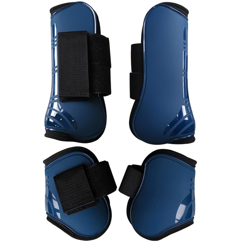 Merauno® Gamaschen Pferde 4er Set Gamaschen Paar für vorne hinter Hartschale und Klettverschluss für Damen& Herren PU Robust Elastisch Tendon Boots Classic M(VB), Marine
